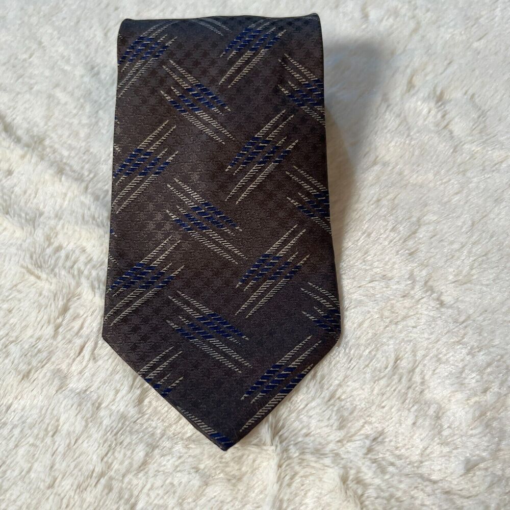 Vintage VALENTINO Necktie Gray + Blue Geometric Tie 100% Silk Made in Italy 56"